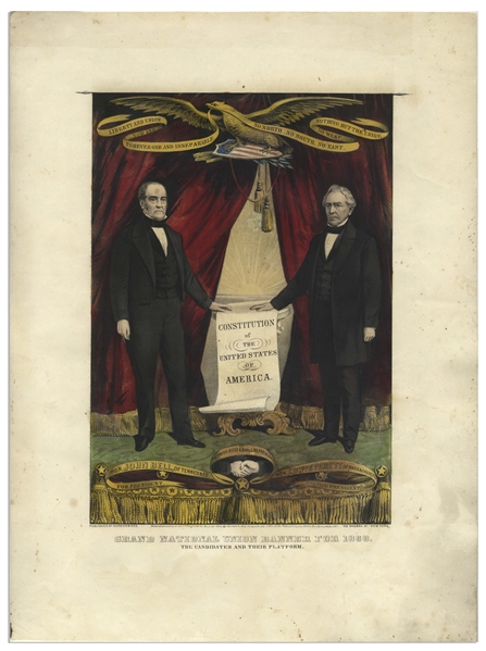 The Scarcest of 19th Century Campaign Banners Hand-Colored by Currier and Ives -- The John Bell and Edward Everett Jugate Banner Broadside for the 1860 Presidential Election